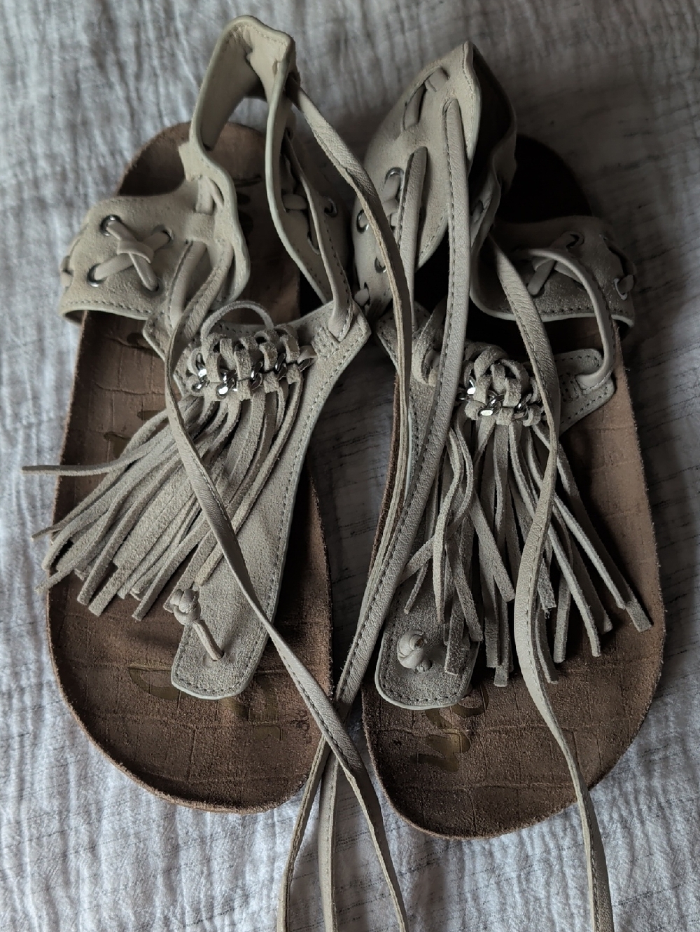 Sam Edelman Fringe Gladiator Sandal in Light Beige 6.5